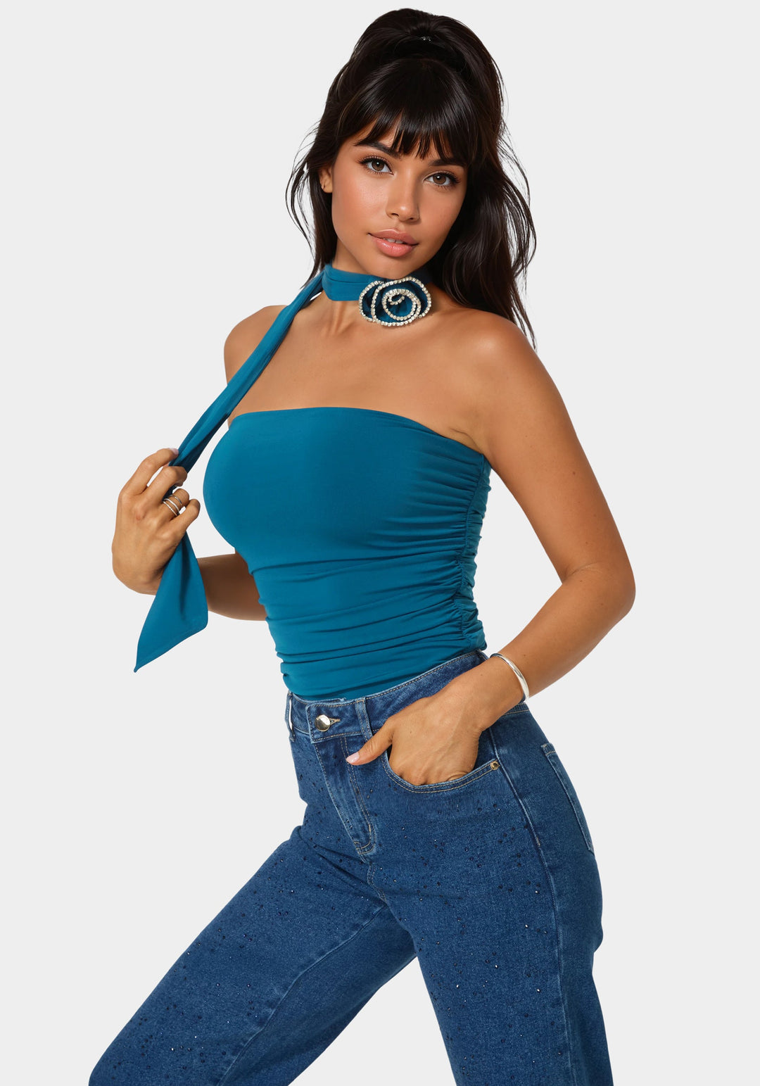 Side View-Jewel Rosette Scarf Top-BLUE DESIRE