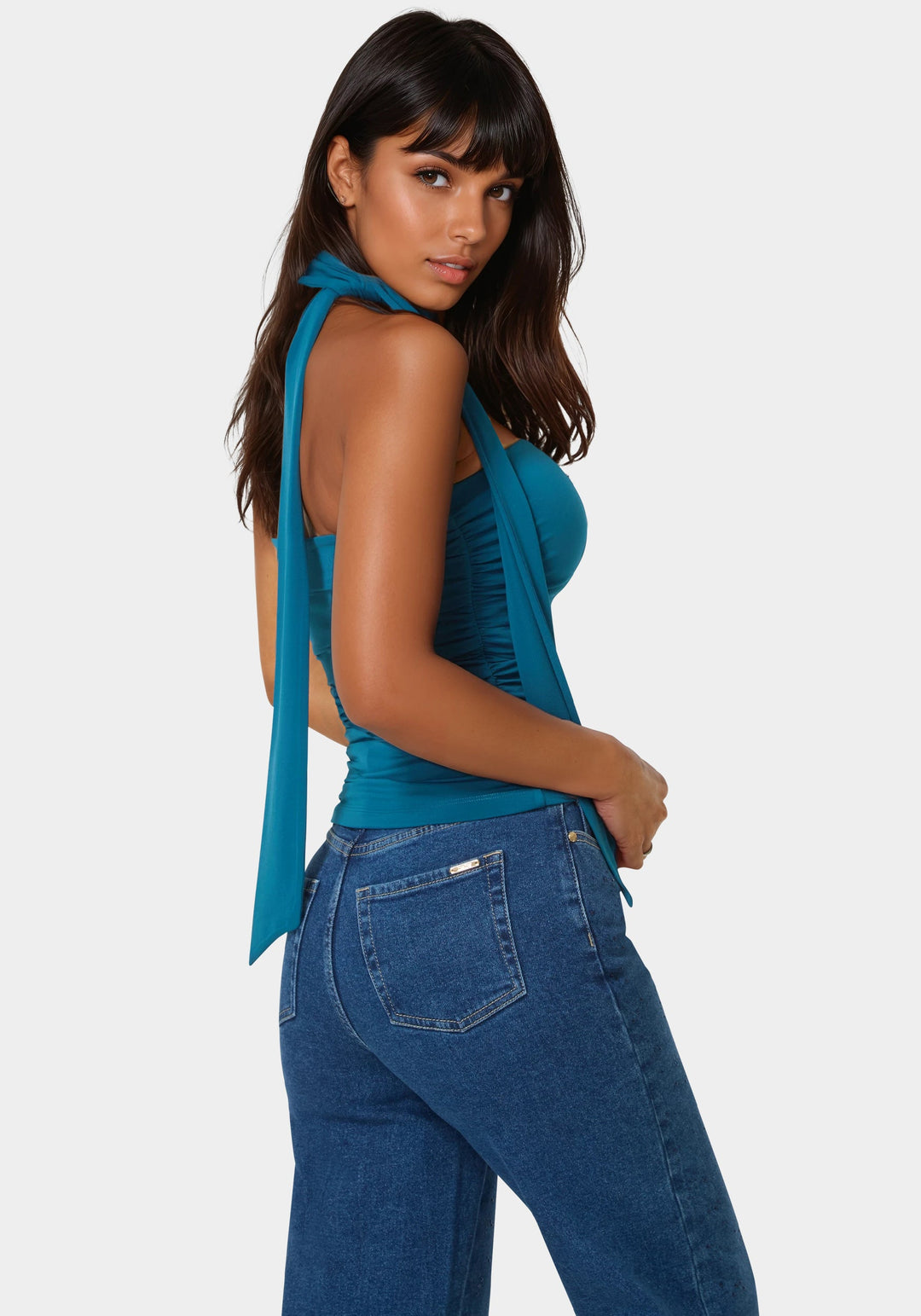 Back View-Jewel Rosette Scarf Top-BLUE DESIRE