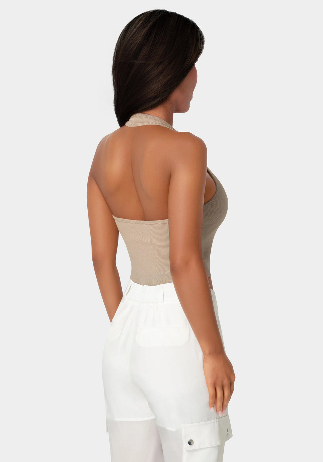 Back View-Bebe Logo Halter Neck Rib Tank-Bare Affair