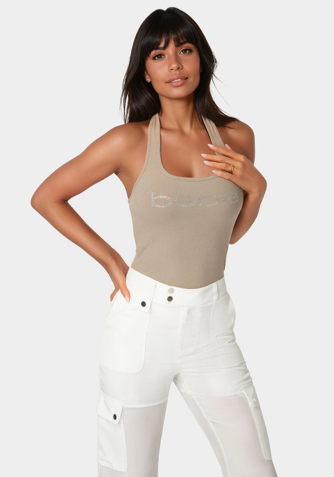 Front View-Bebe Logo Halter Neck Rib Tank-Bare Affair
