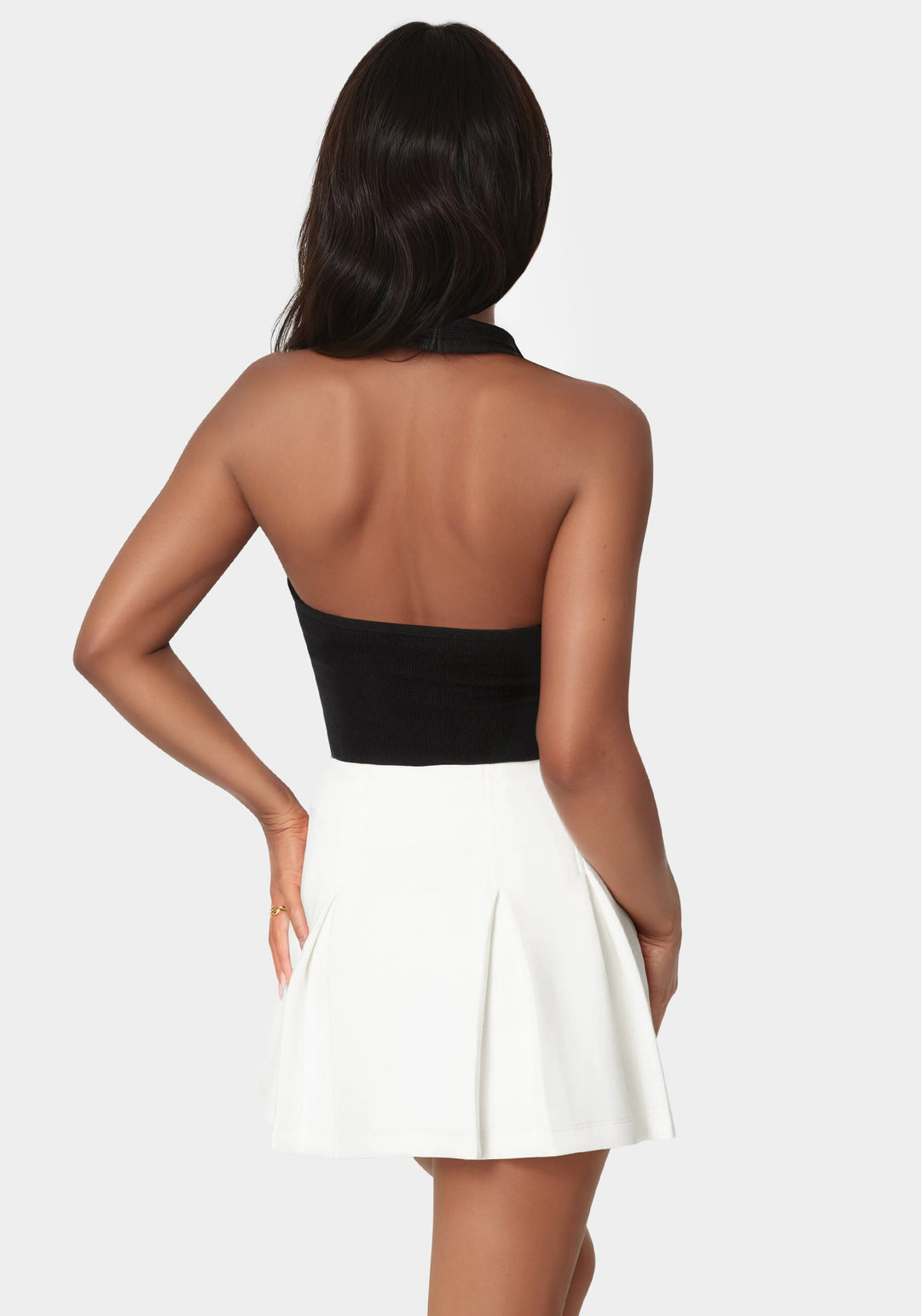 Back View-Bebe Logo Halter Neck Rib Tank-Black