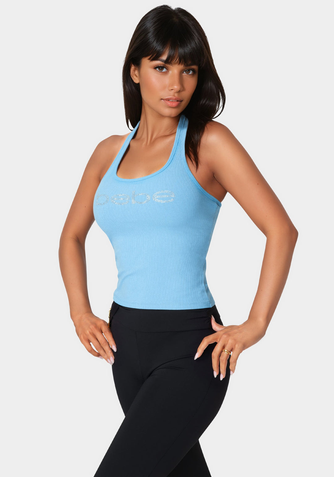 Side View-Bebe Logo Halter Neck Rib Tank-Cool Desire