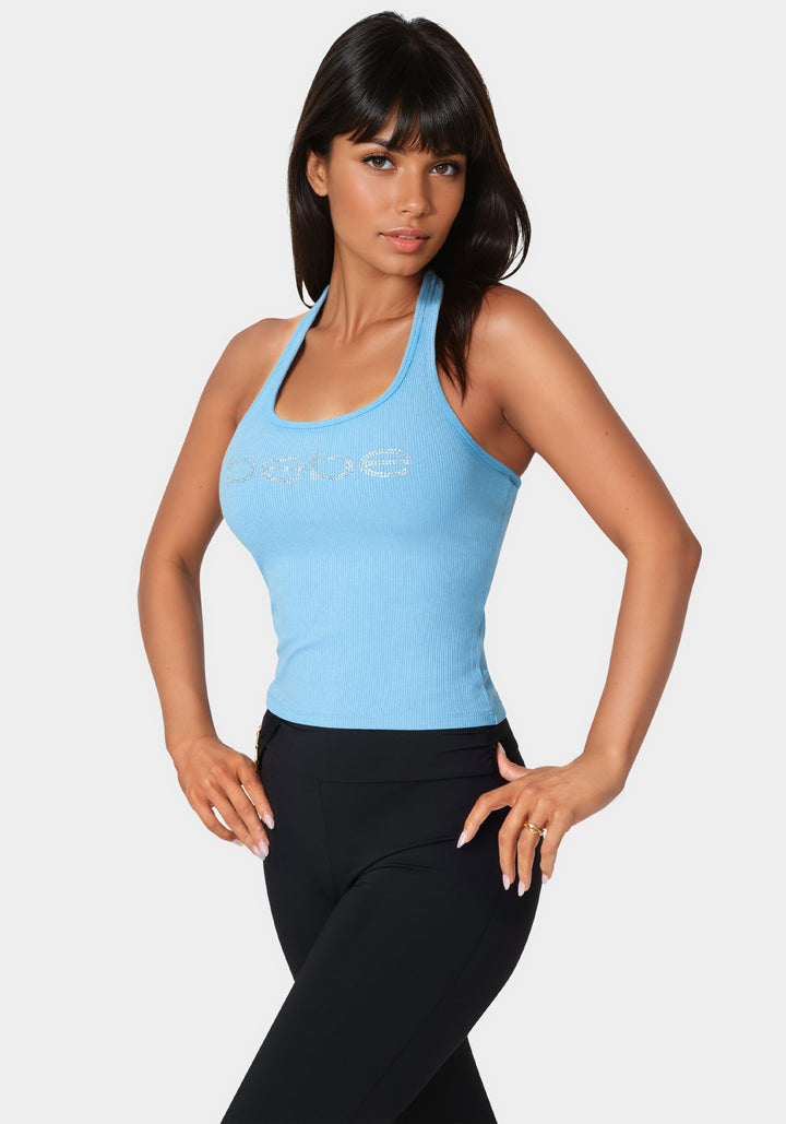 Side View-Bebe Logo Halter Neck Rib Tank-Cool Desire