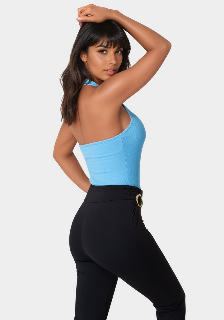 Back View-Bebe Logo Halter Neck Rib Tank-Cool Desire