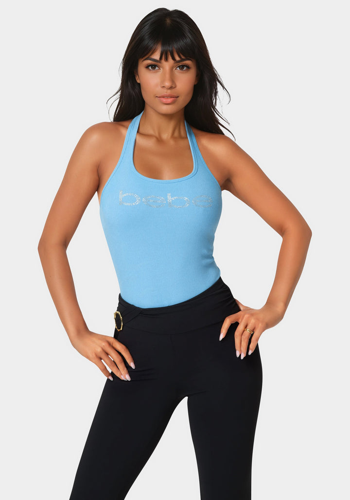 Detail View-Bebe Logo Halter Neck Rib Tank-Cool Desire
