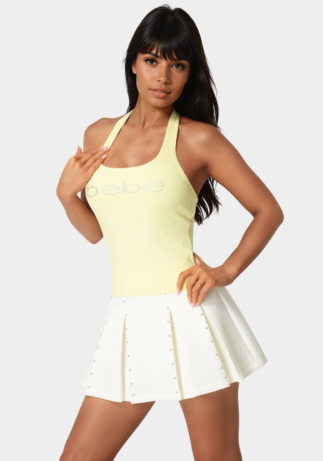 Front View-Bebe Logo Halter Neck Rib Tank-Key Lime Pie
