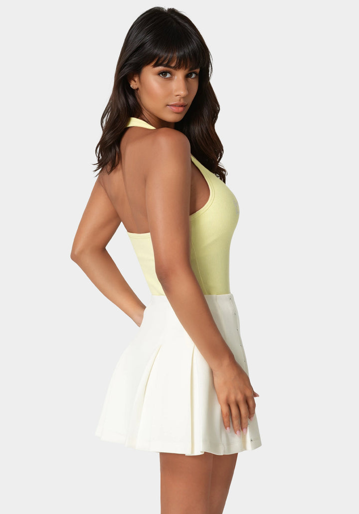Back View-Bebe Logo Halter Neck Rib Tank-Key Lime Pie