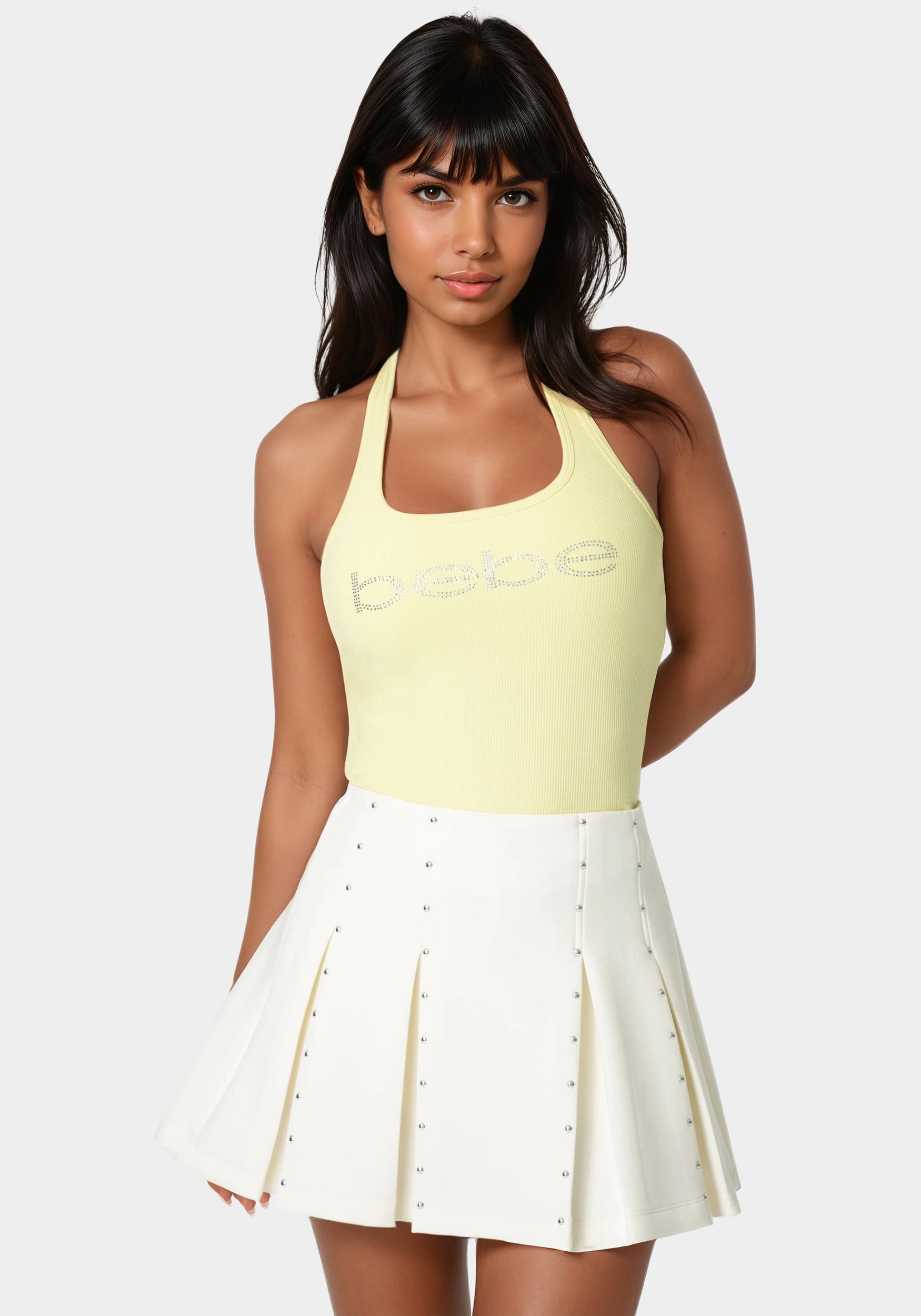 Detail View-Bebe Logo Halter Neck Rib Tank-Key Lime Pie