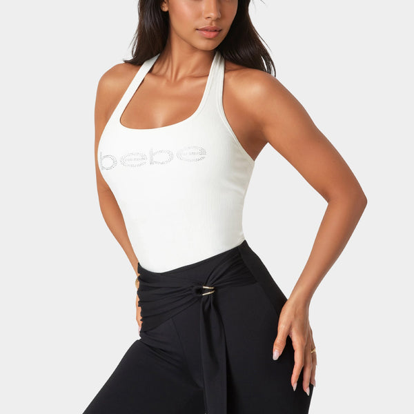 Front View-Bebe Logo Halter Neck Rib Tank-White Alyssum