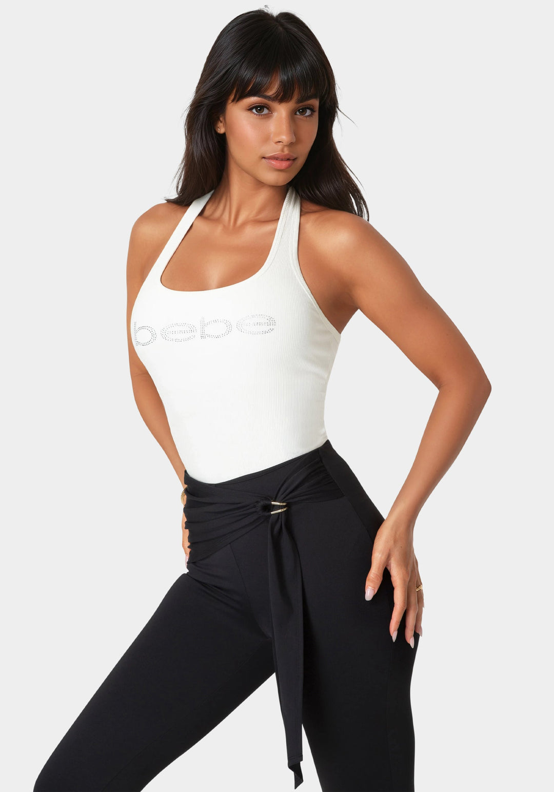 Front View-Bebe Logo Halter Neck Rib Tank-White Alyssum