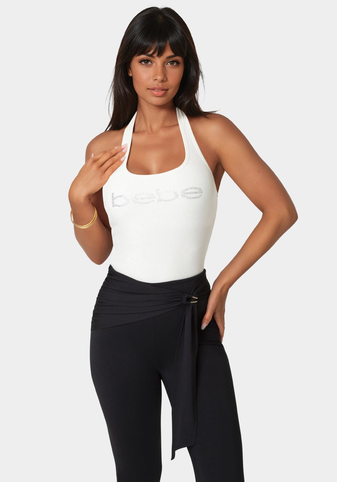 Detail View-Bebe Logo Halter Neck Rib Tank-White Alyssum
