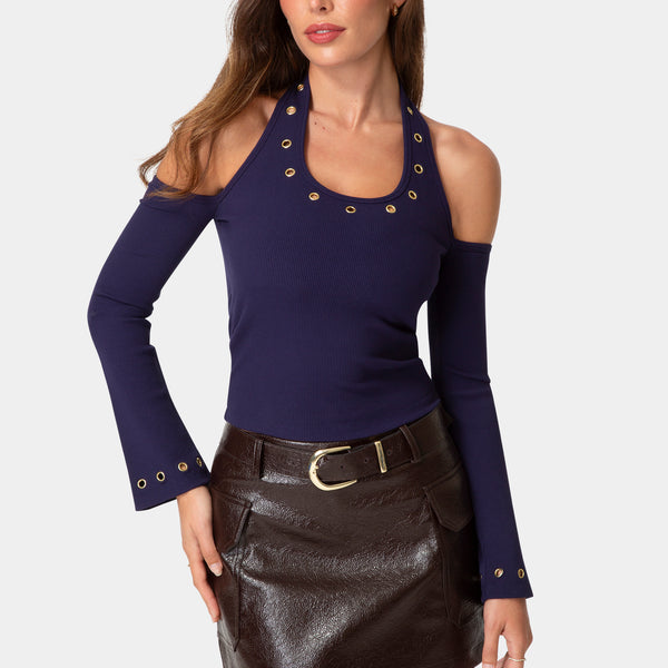 Front View-GOLD EYELET LONG SLEEVE TOP-EVENING BLUE