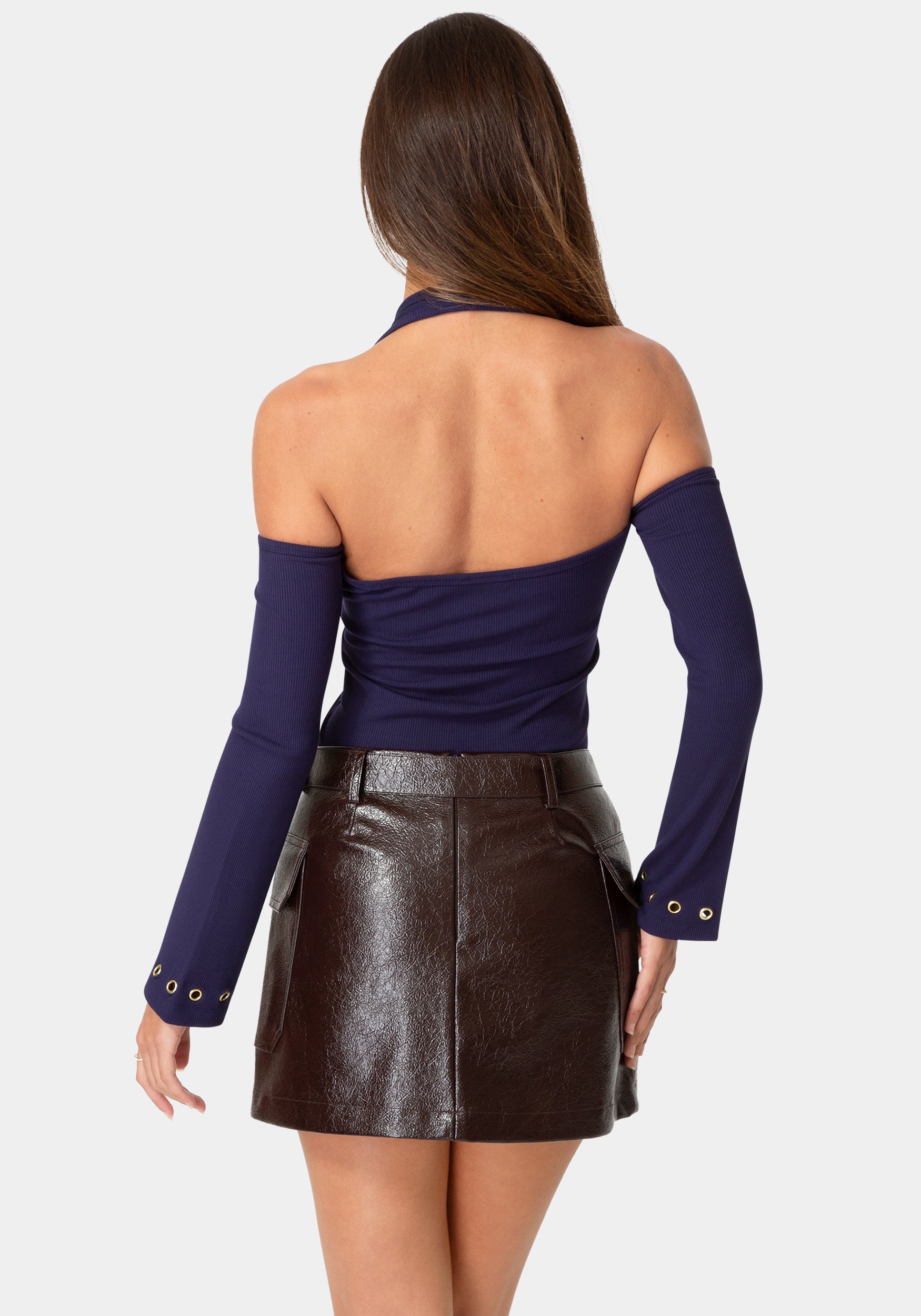 Back View-GOLD EYELET LONG SLEEVE TOP-EVENING BLUE
