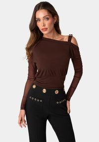 Front View-ASYMMETRICAL LONG SLEEVES KNIT TOP-CHOCOLATE MARTINI