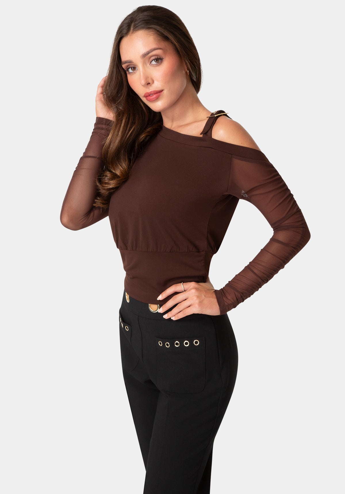 Side View-ASYMMETRICAL LONG SLEEVES KNIT TOP-CHOCOLATE MARTINI