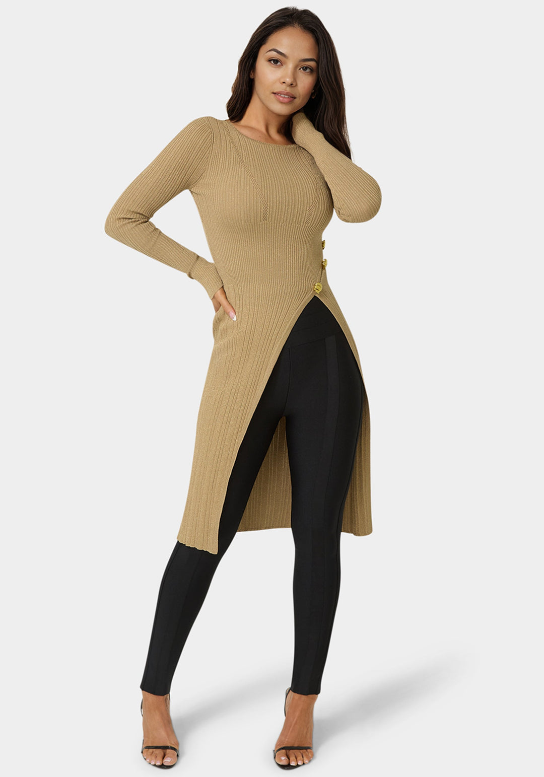 Front View-Long Body Side Slit Lurex Sweater Top-Brass Knuckles