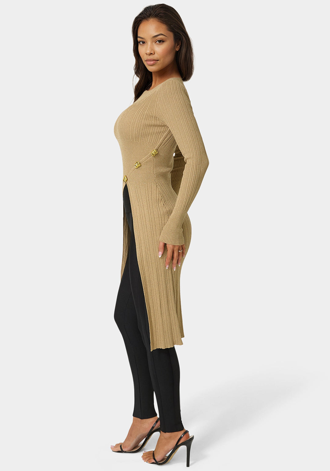 Side View-Long Body Side Slit Lurex Sweater Top-Brass Knuckles