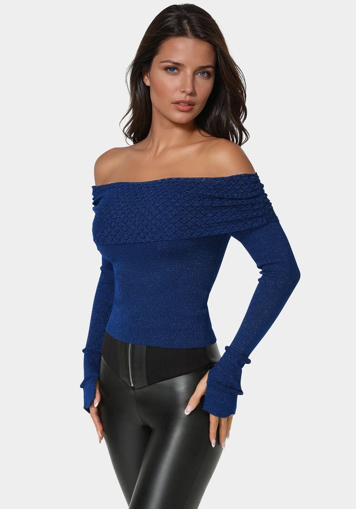 Side View-Off Shoulder Sweater-Navy Peony