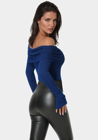 Back View-Off Shoulder Sweater-Navy Peony