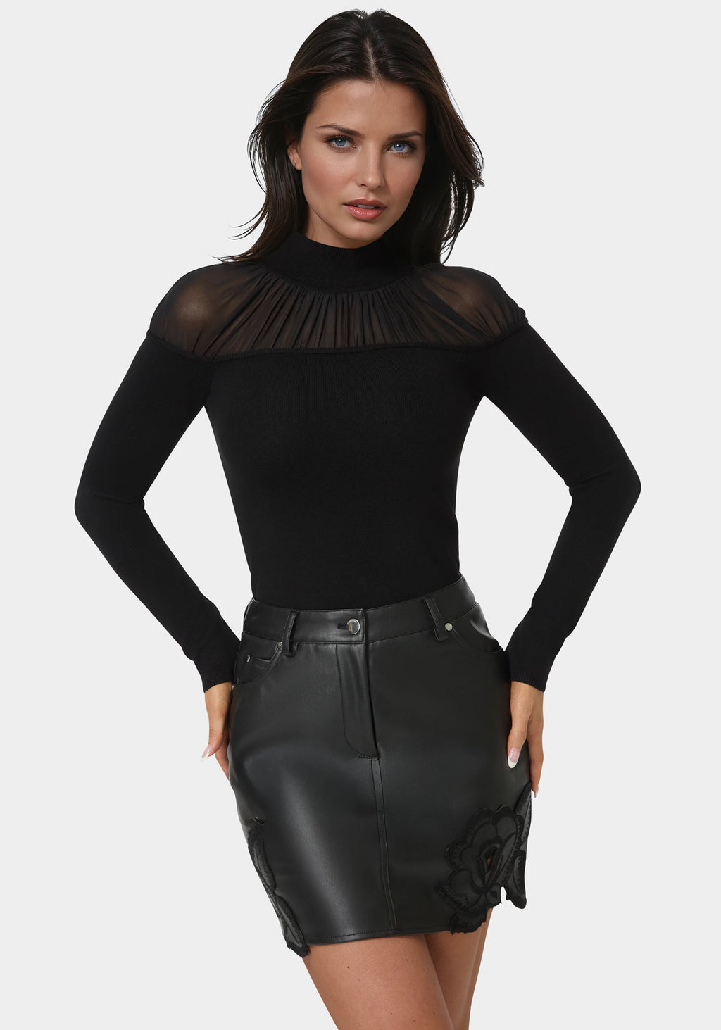 Front View-Mesh Insert Long Sleeve Sweater-Black