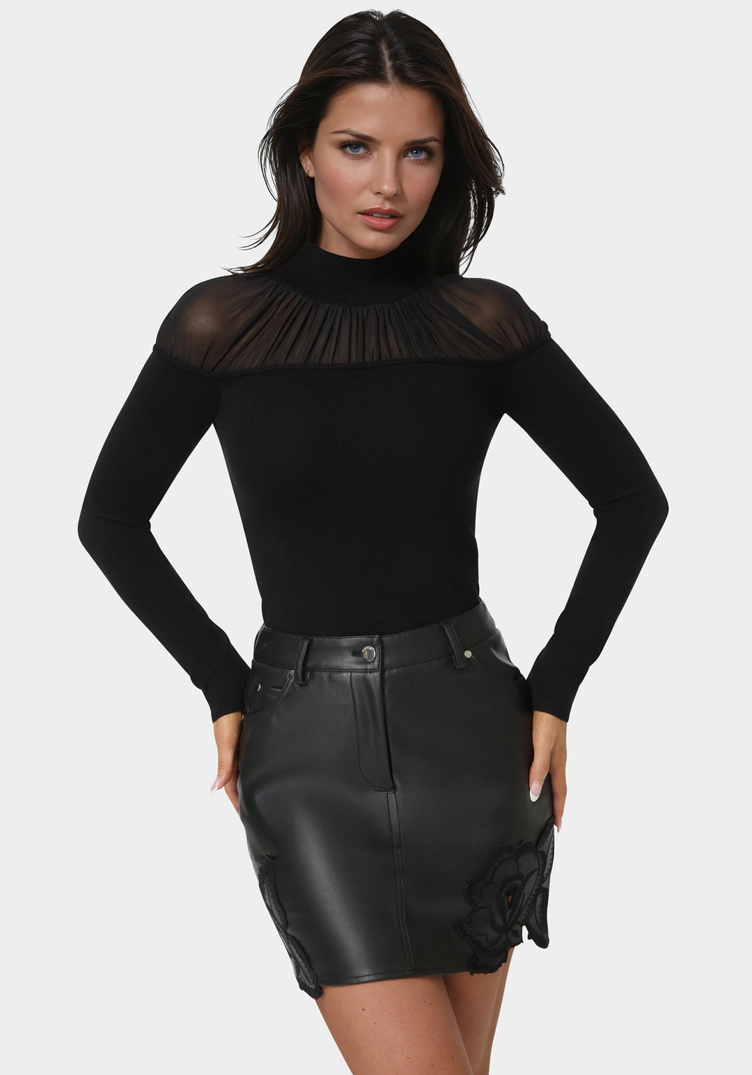 Front View-Mesh Insert Long Sleeve Sweater-Black