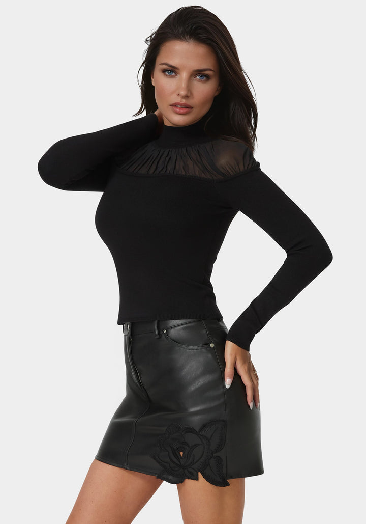 Side View-Mesh Insert Long Sleeve Sweater-Black
