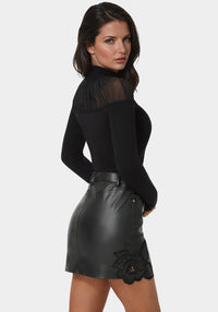 Back View-Mesh Insert Long Sleeve Sweater-Black