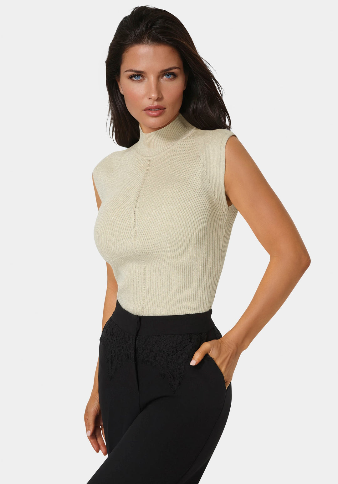 Side View-Metallic Mock Neck Pointelle Sweater-GOLD