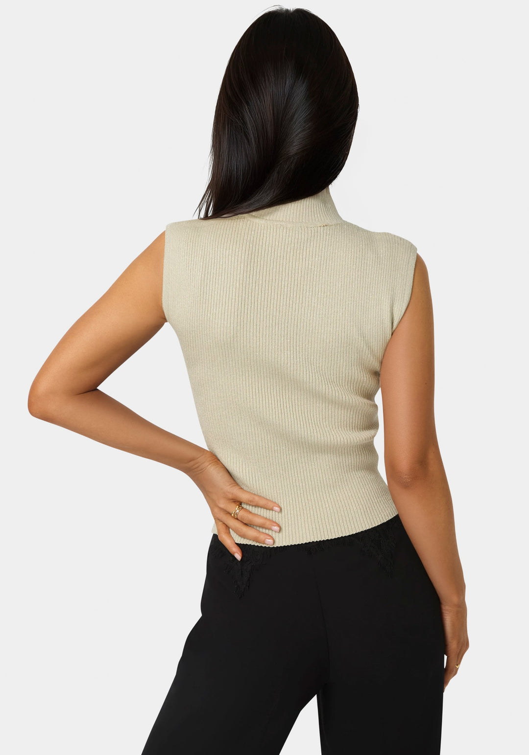 Back View-Metallic Mock Neck Pointelle Sweater-GOLD