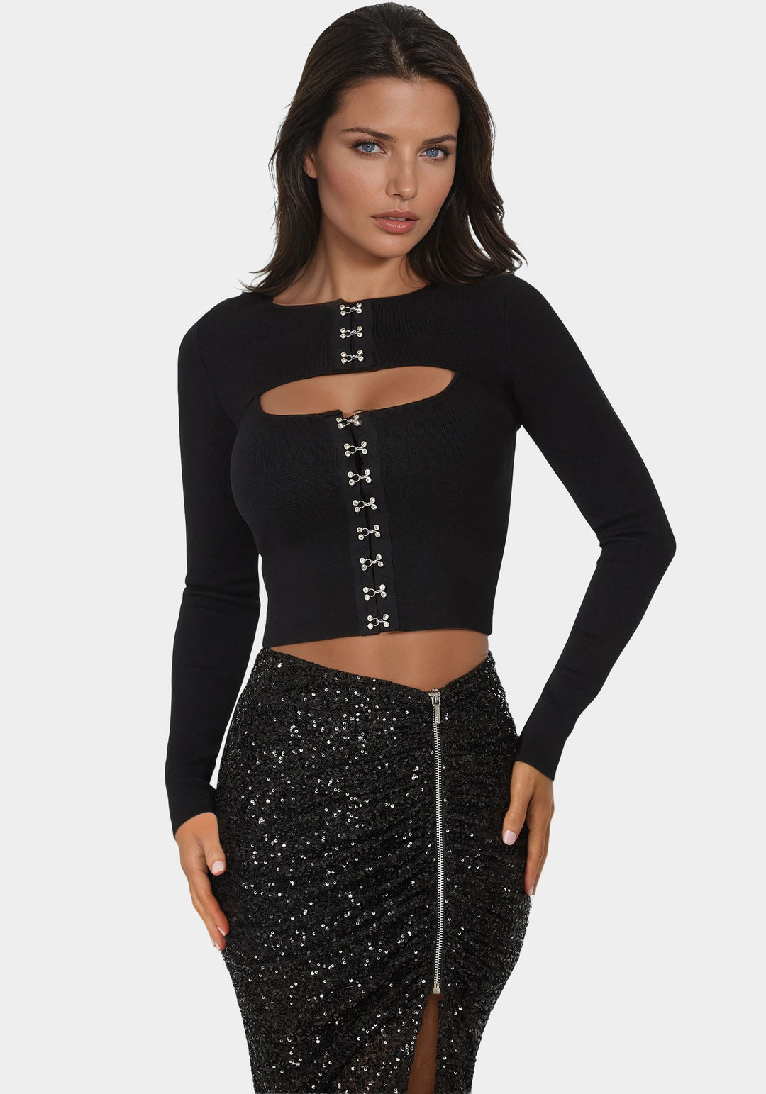 Front View-Two Pieces Sweater Top-BLACK