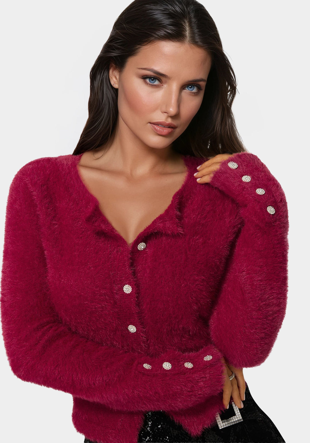 Front View-Jewel Button Fuzzy Cardigan-BERRY KISS