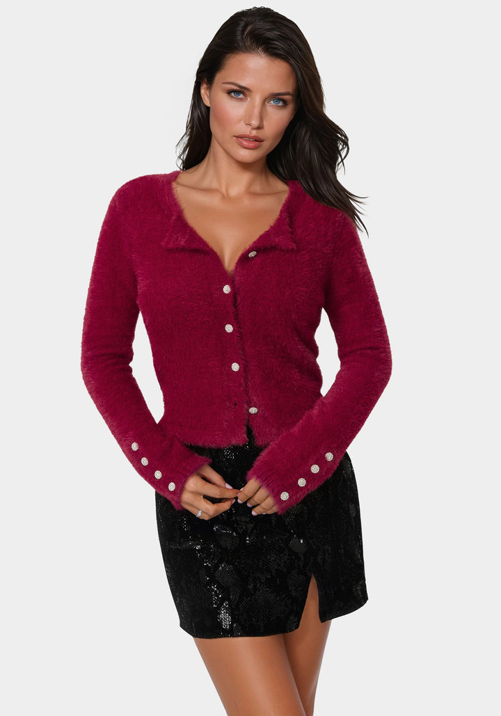 Detail View-Jewel Button Fuzzy Cardigan-BERRY KISS