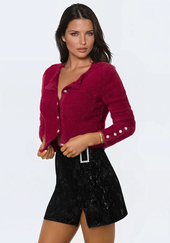 Side View-Jewel Button Fuzzy Cardigan-BERRY KISS