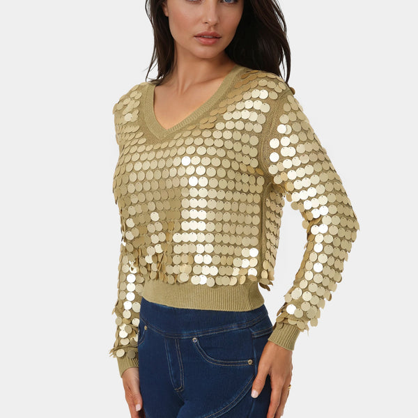Side View-Metallic Gold Sequin Sweater-GOLD