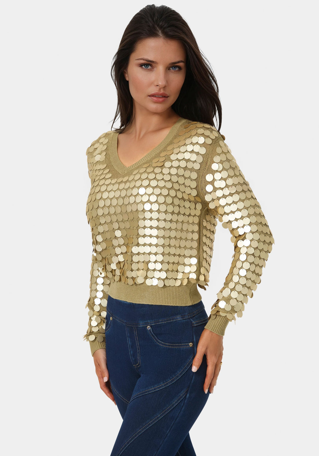 Side View-Metallic Gold Sequin Sweater-GOLD
