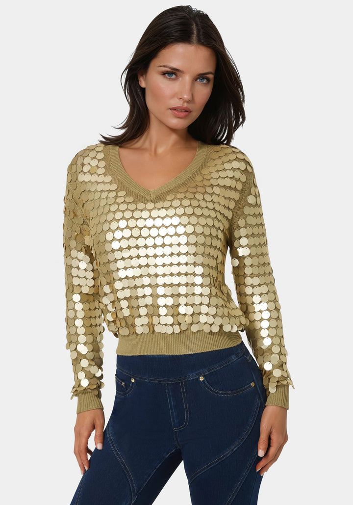 Front View-Metallic Gold Sequin Sweater-GOLD