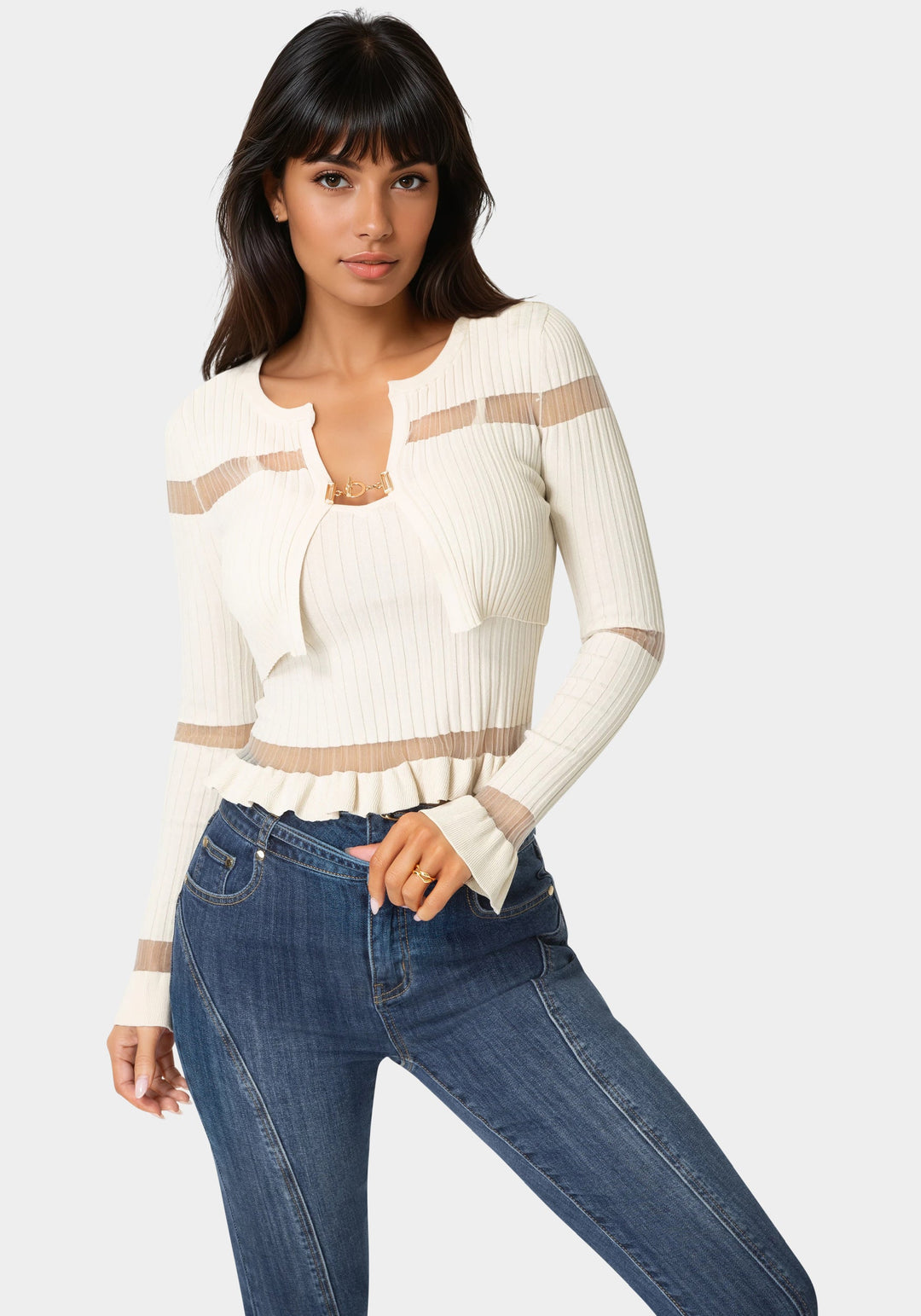 Front View-2 Piece Set Knit Top-Beige Cloud