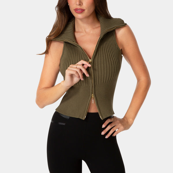 Front View-SLEEVELESS ZIP UP SWEATER-VELVET GREEN