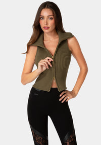 Front View-SLEEVELESS ZIP UP SWEATER-VELVET GREEN