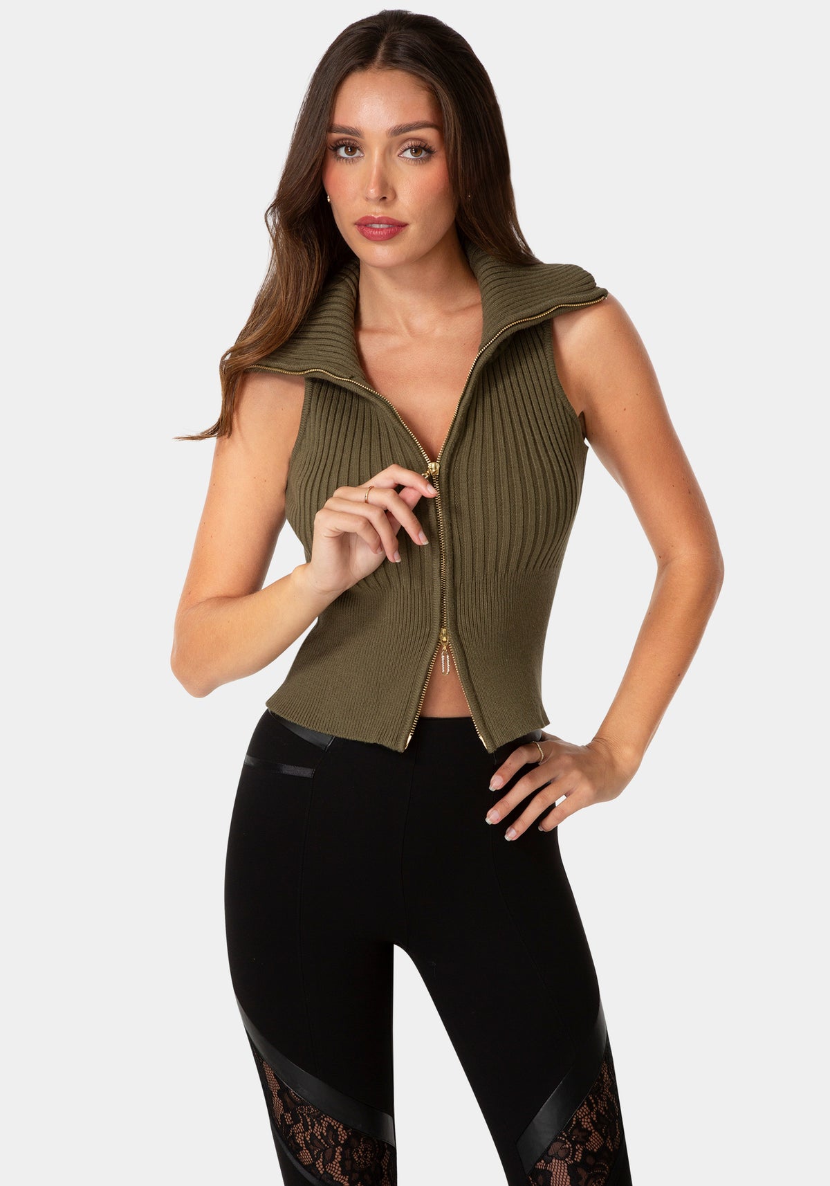 Front View-SLEEVELESS ZIP UP SWEATER-VELVET GREEN