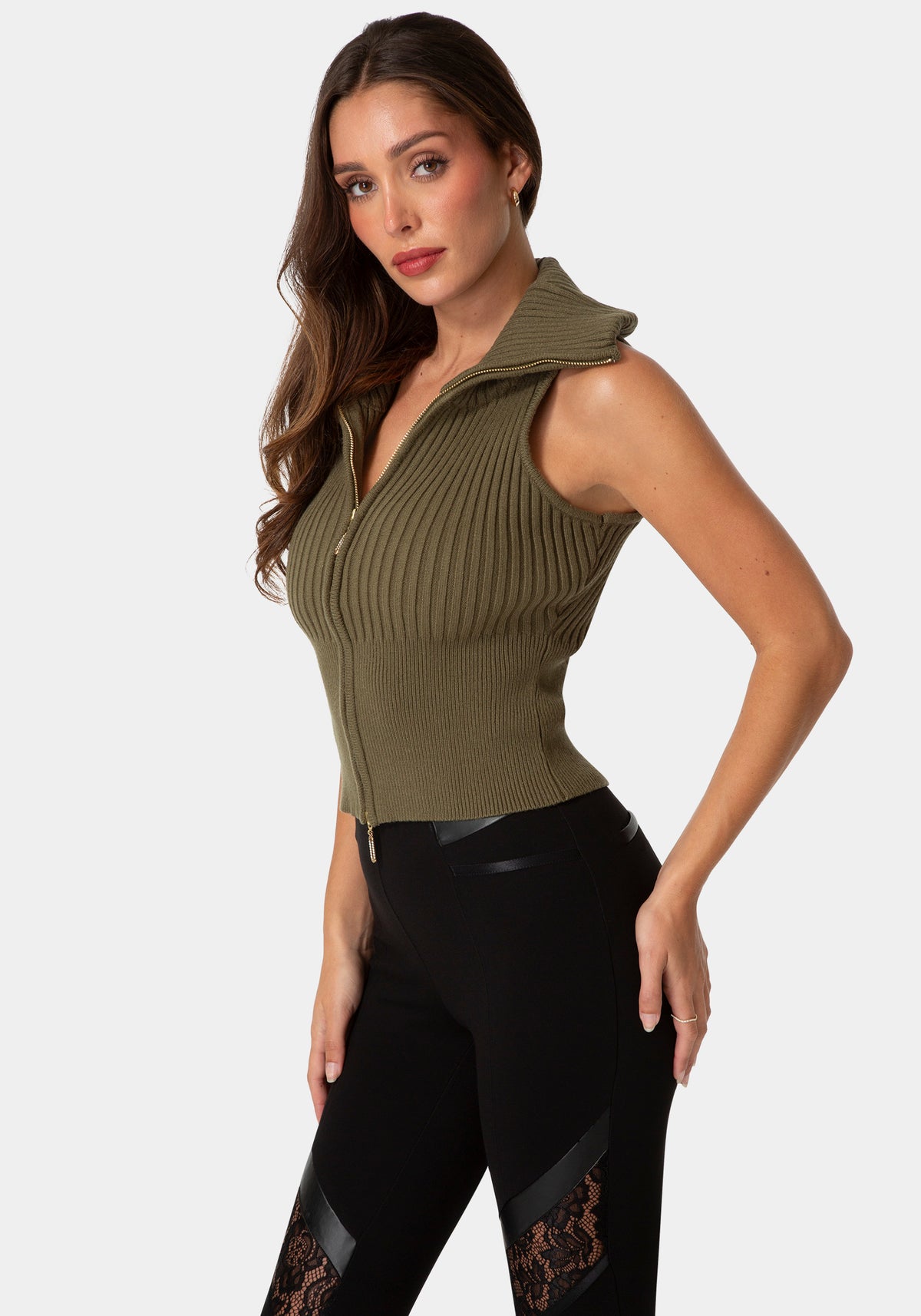 Side View-SLEEVELESS ZIP UP SWEATER-VELVET GREEN