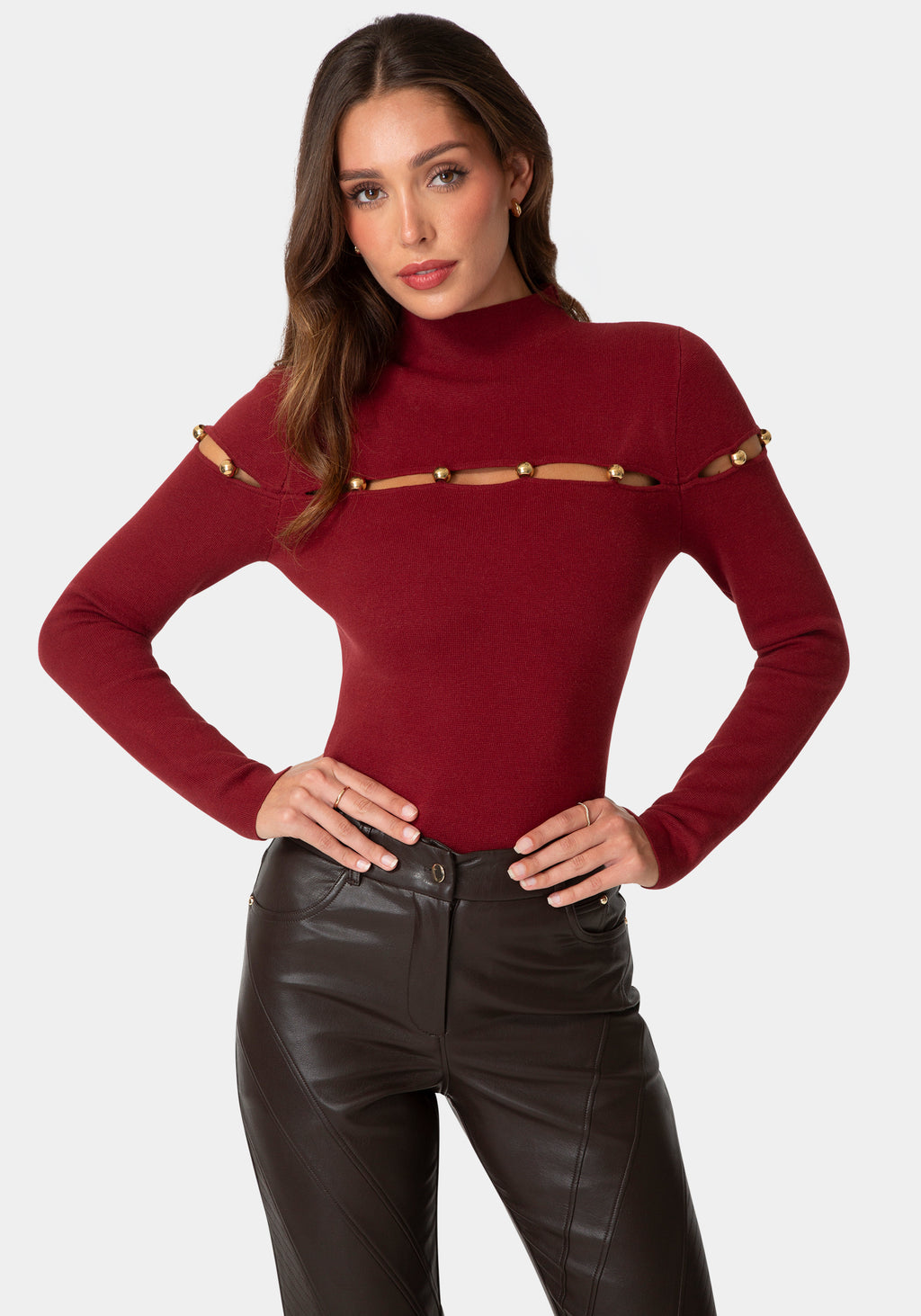 Front View-GOLD BEADED SWEATER-BERRY BLUSH