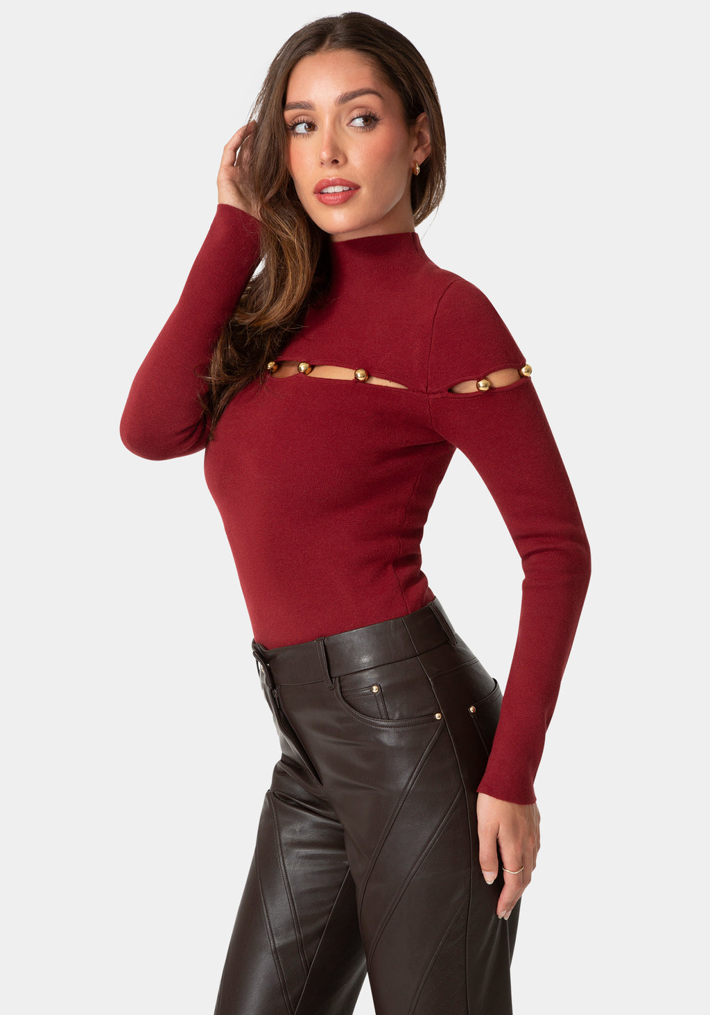 Side View-GOLD BEADED SWEATER-BERRY BLUSH