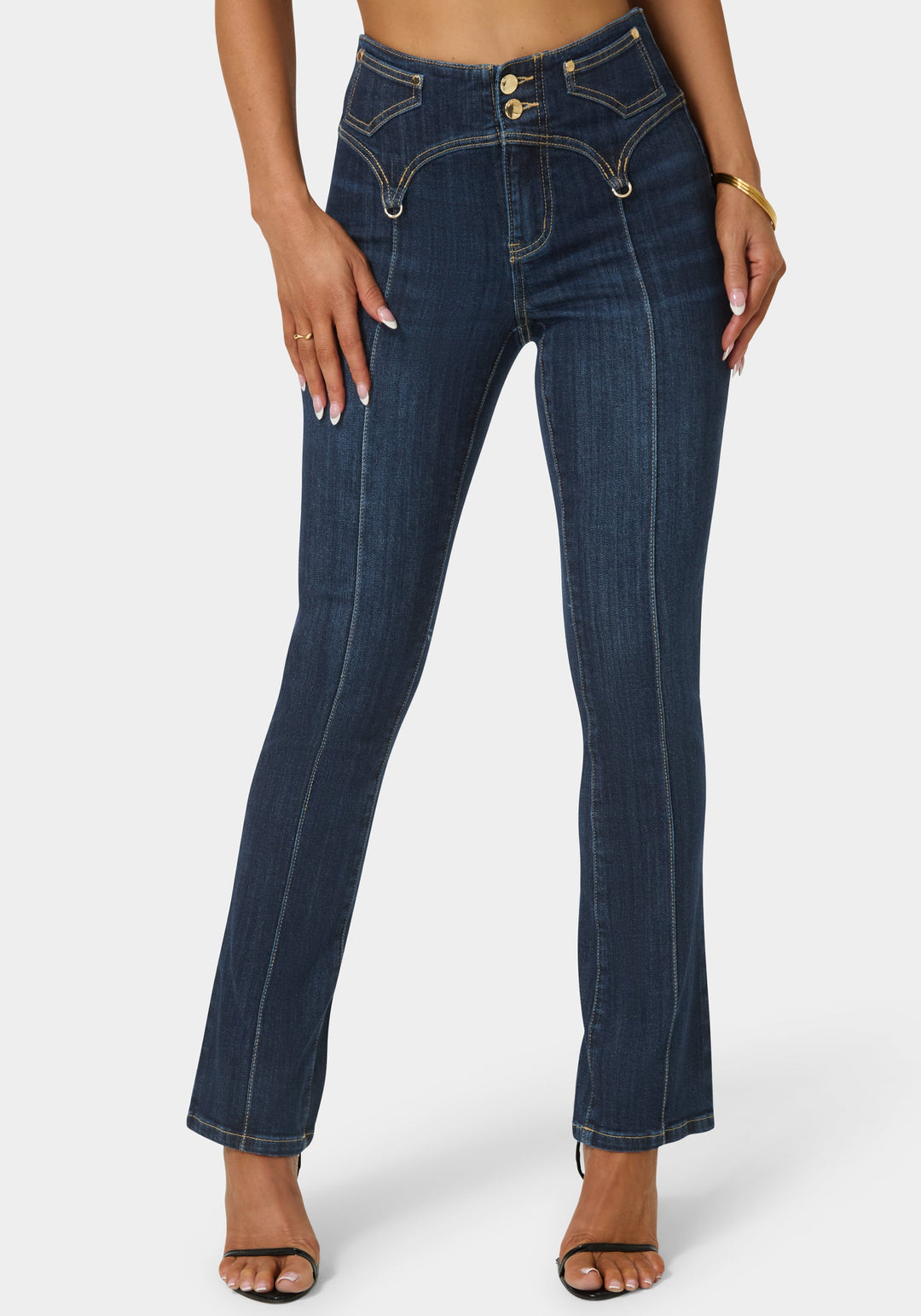 Front View-Natural Waist Mini Bootcut Leg Jeans-Midnight Blue Wash
