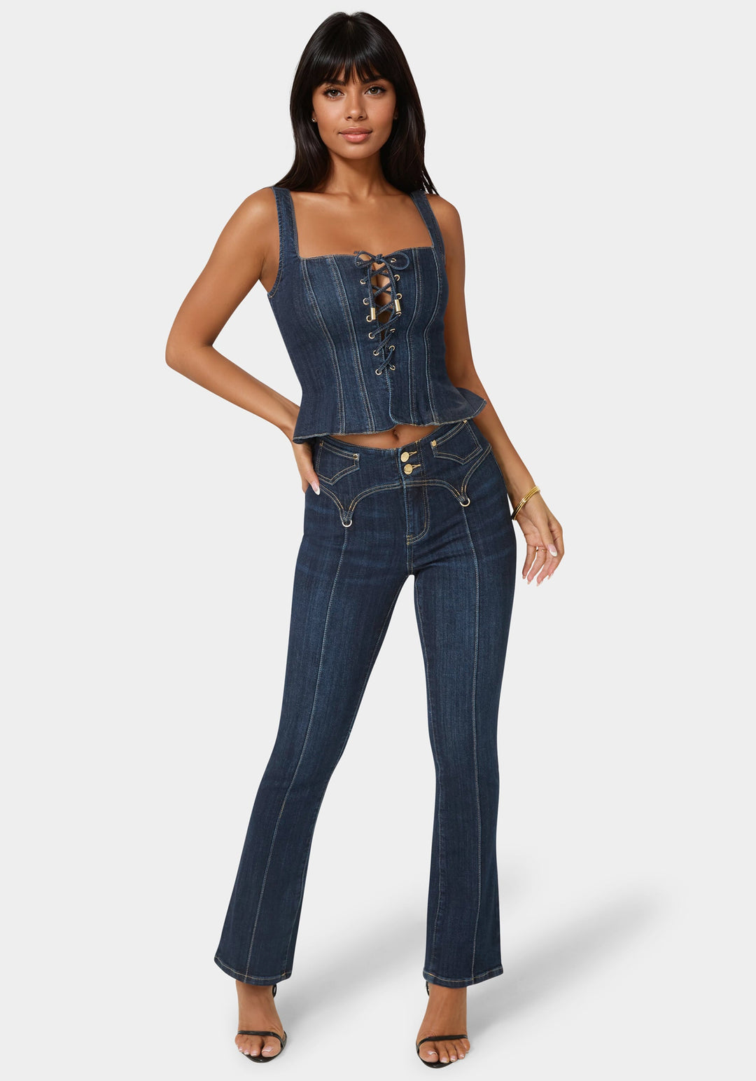 Detail View-Natural Waist Mini Bootcut Leg Jeans-Midnight Blue Wash