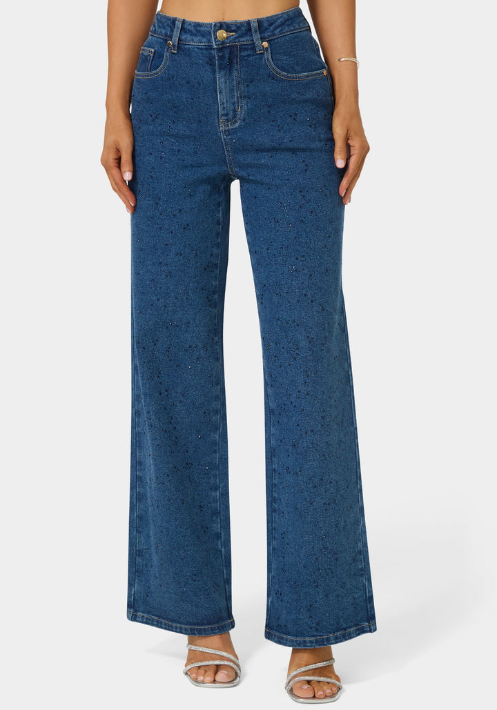 Front View-Natural Waist Rhinestone Wide Leg Jeans-BLUE OBSESSION WASH