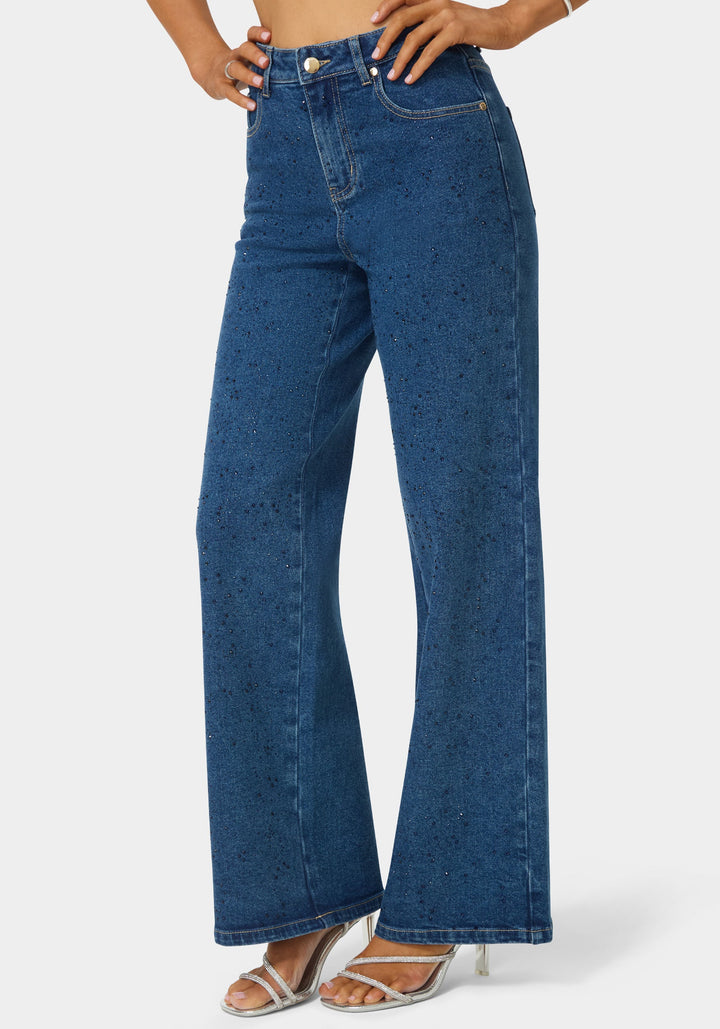 Side View-Natural Waist Rhinestone Wide Leg Jeans-BLUE OBSESSION WASH
