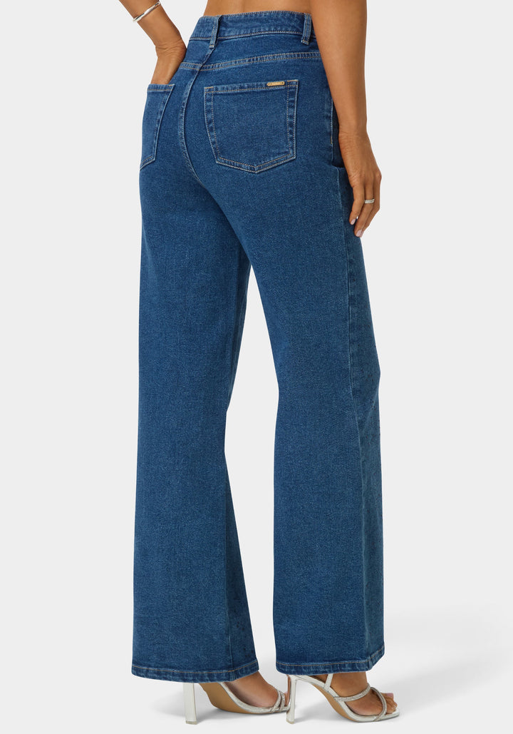 Back View-Natural Waist Rhinestone Wide Leg Jeans-BLUE OBSESSION WASH