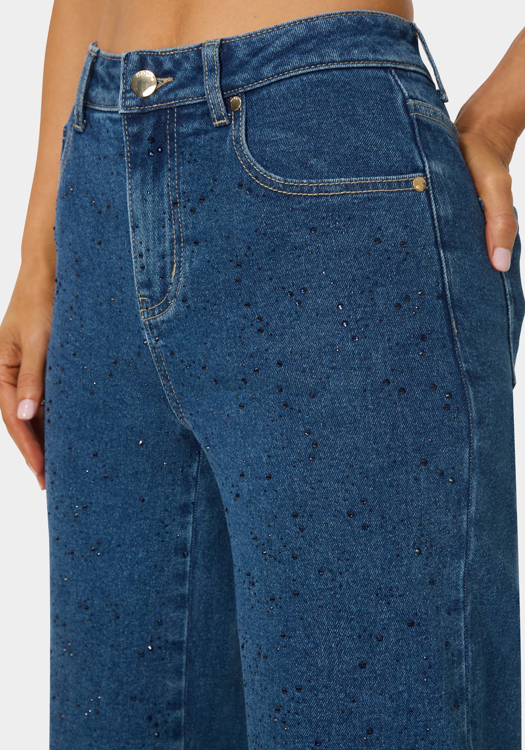 Other View-Natural Waist Rhinestone Wide Leg Jeans-BLUE OBSESSION WASH
