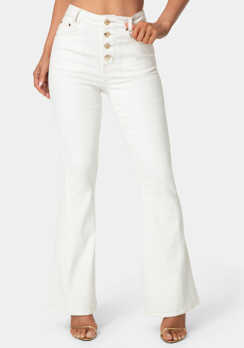 Front View-Natural Waist Flared White Jeans-Soft White Wash